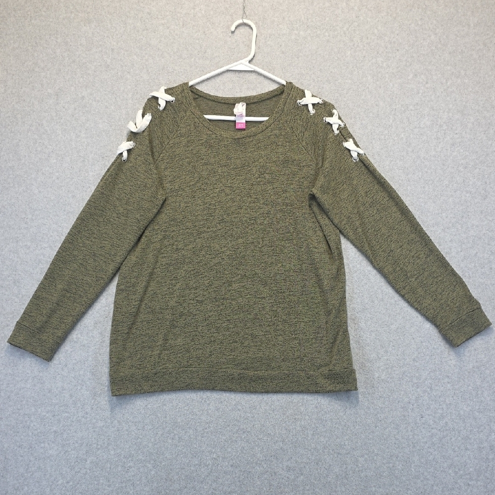 No Boundaries Olive Green Lace Up Shoulder Long Sleeve Top Juniors XL